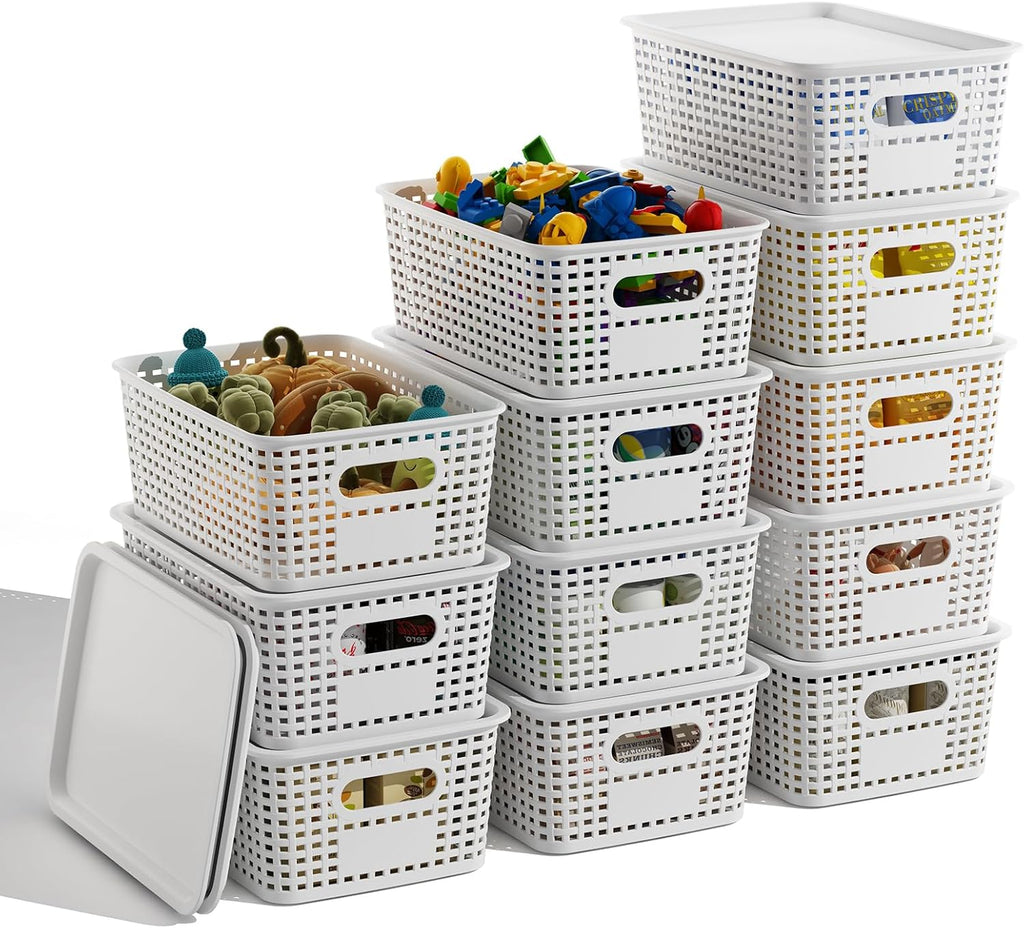 White Plastic Storage Baskets with Lids 12 Pack Stackable Storage Bins Containers for Shelves Organizing, Cute Decorative Storage Boxes for Classroom, Playroom, Closet, Pantry