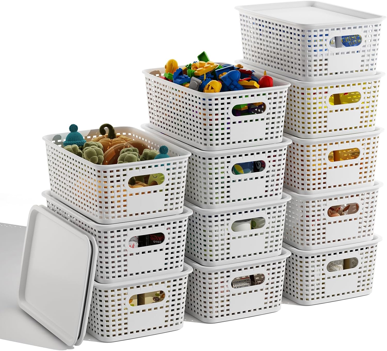 White Plastic Storage Baskets with Lids 12 Pack Stackable Storage Bins Containers for Shelves Organizing, Cute Decorative Storage Boxes for Classroom, Playroom, Closet, Pantry