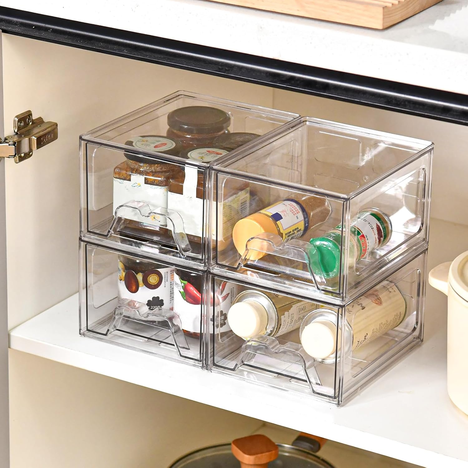 Stackable Makeup Organizer Storage Drawers Set of 4, Clear Plastic Organizer Bins for Beauty Supplies,Ideal for Vanity, Bathroom,Cabinet,Pantry Organization (4 Short)