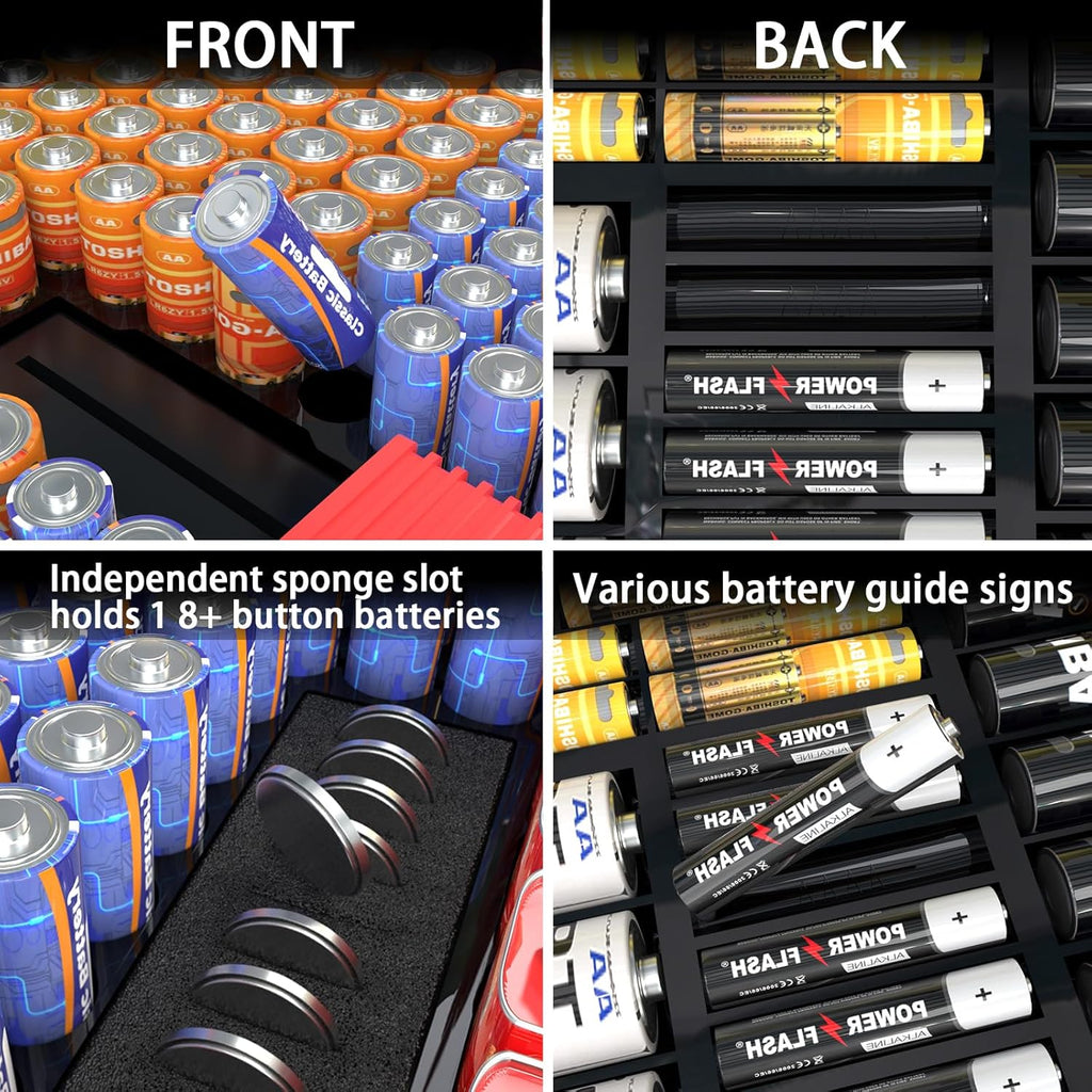 ALCYON Large Capacity 269 Battery Organizer Storage Case with Tester, Double-Side Battery Holder Container for AA AAA AAAA C D 9V Lithium 3V CR123 CR1632 18650 Batteries(Box Only) (Black)