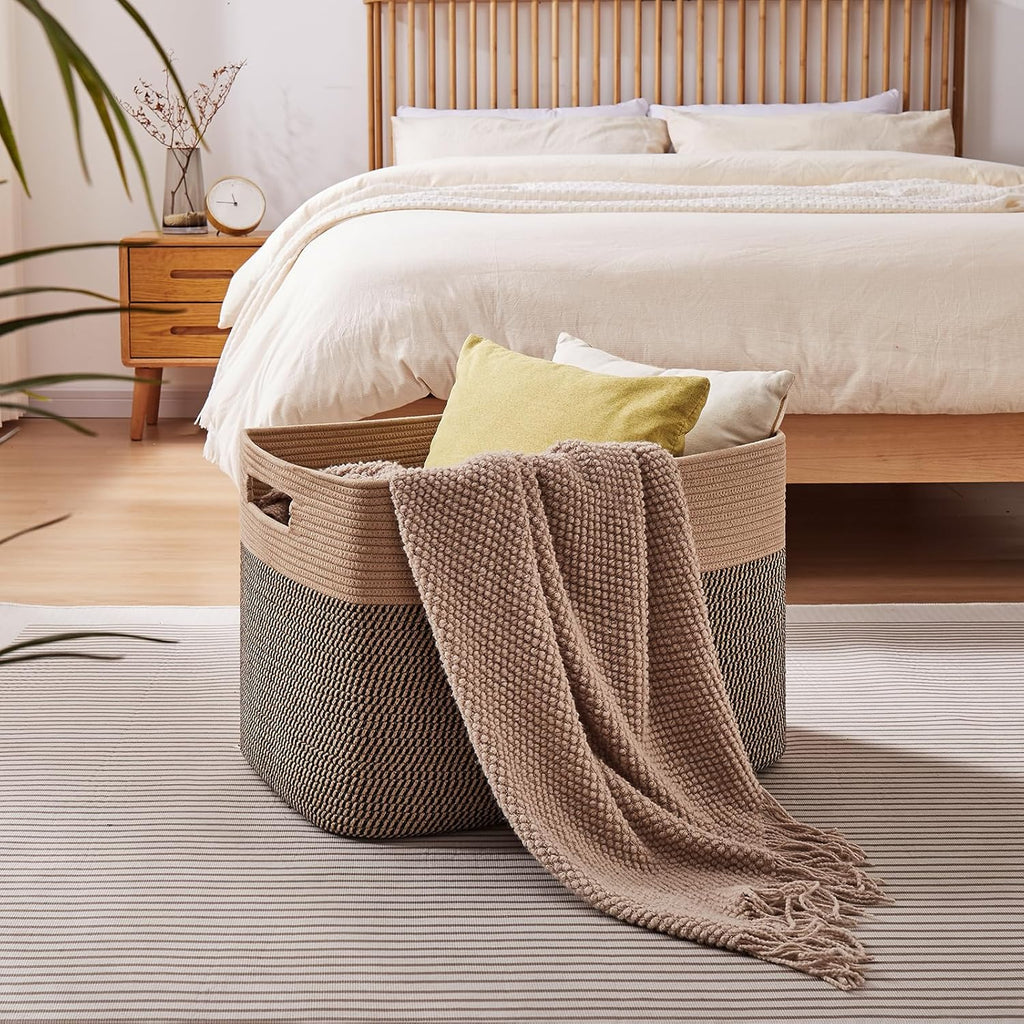 OIAHOMY 108L Extra Large Blanket Basket, 25”x16”x16” Laundry Basket, Blanket Storage for Living Room, Dog Toy Storage with Handle - Yellow & Black