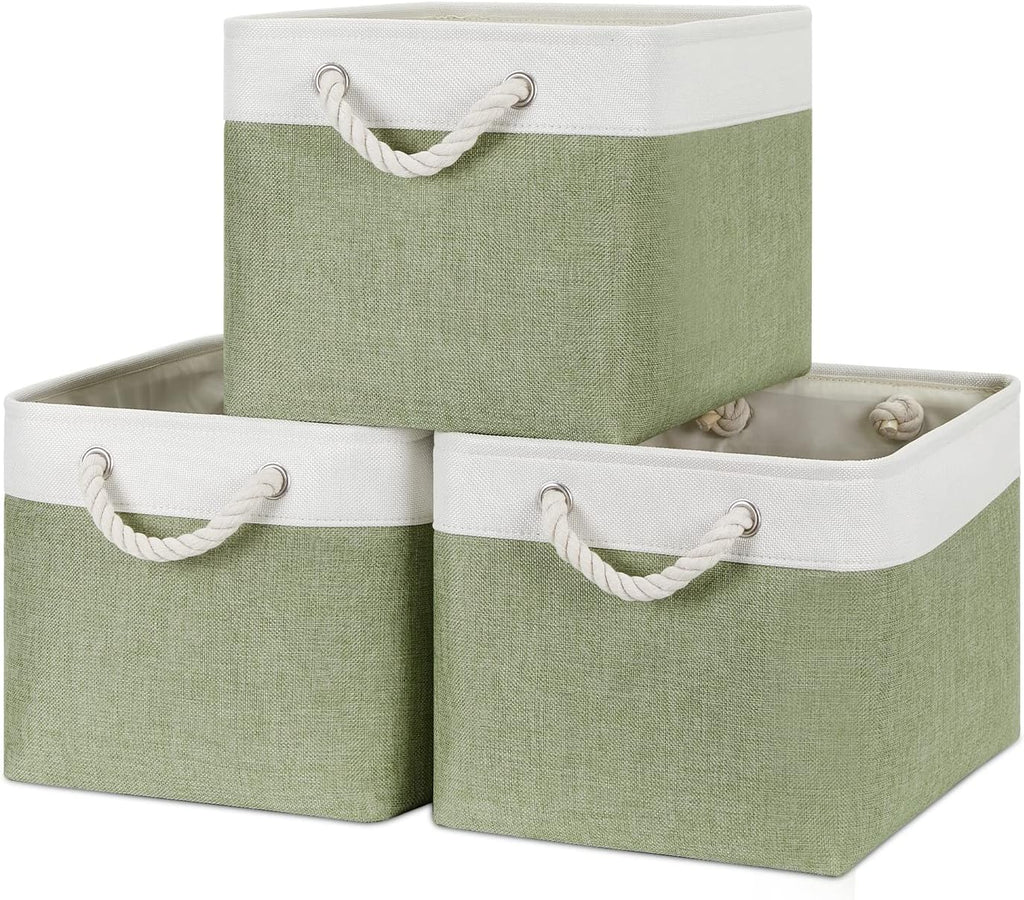 Bidtakay Large Fabric Baskets for Organizing [3-pack] Closet Organizers and Storage Baskets for Gifts Empty Foldable Nursery Baskets for Toy Storage 15 X 11 X 9.5 Inches (White&green)
