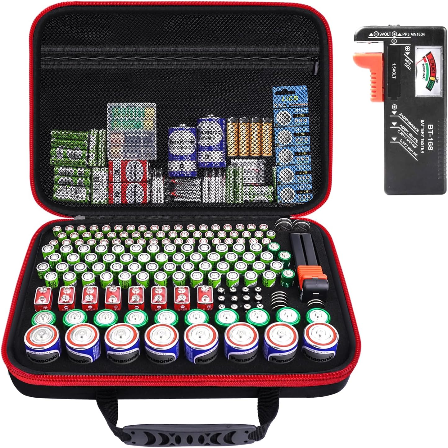 Battery Organizer Storage Case, Large Waterproof Carrying Bag Containers Box Holder Holds 210+ Batteries AA AAA C D 9V 3V - with Battery Tester BT-168, Black&Red (Case Only)