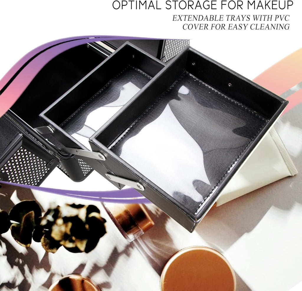 Ver Beauty Cosmetic Train Makeup Case Organizer Storage Extendable Trays Keys and Locks Shoulder Strap in Black Krystal