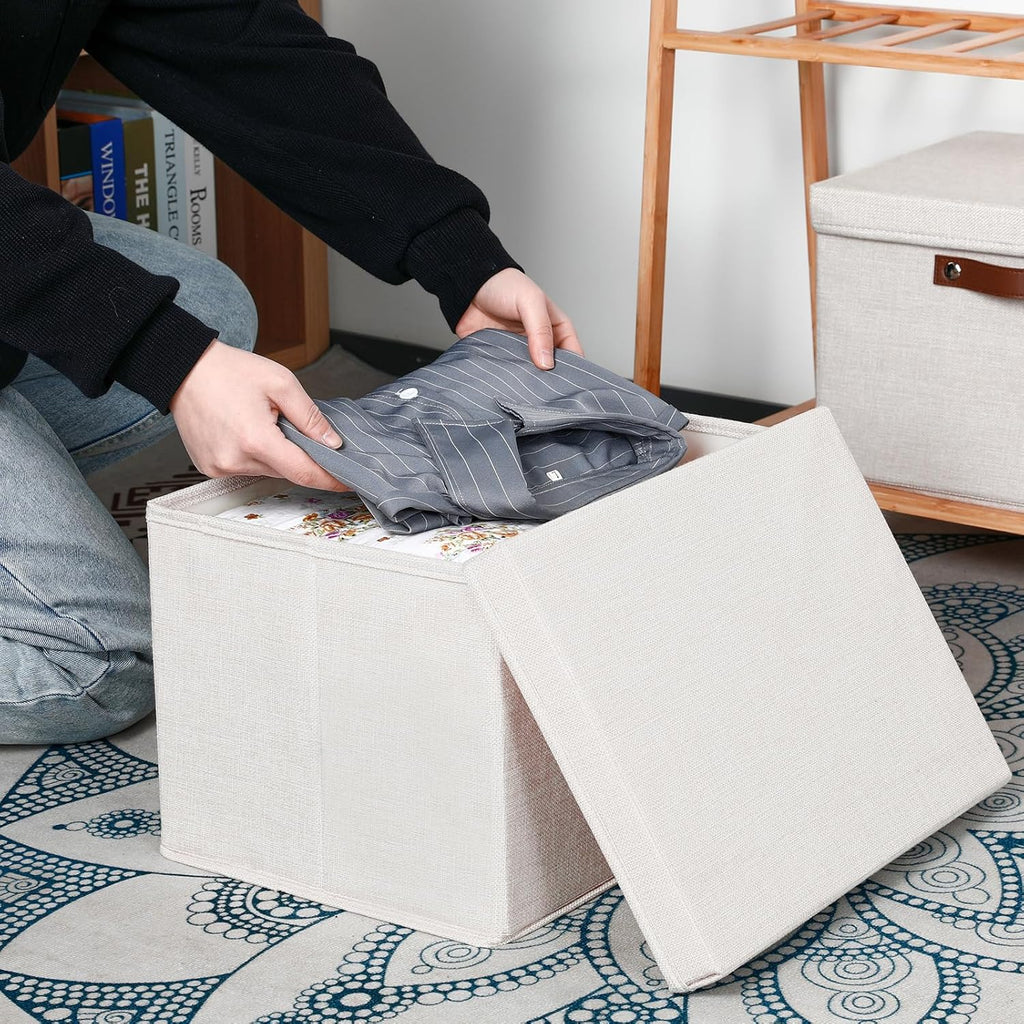 Temary Storage Bins with Lids 2-Pack Large Foldable Storage Baskets with Lid, Fabric Storage Bin for Organizing Home (Beige, 15x11x9.5inch)
