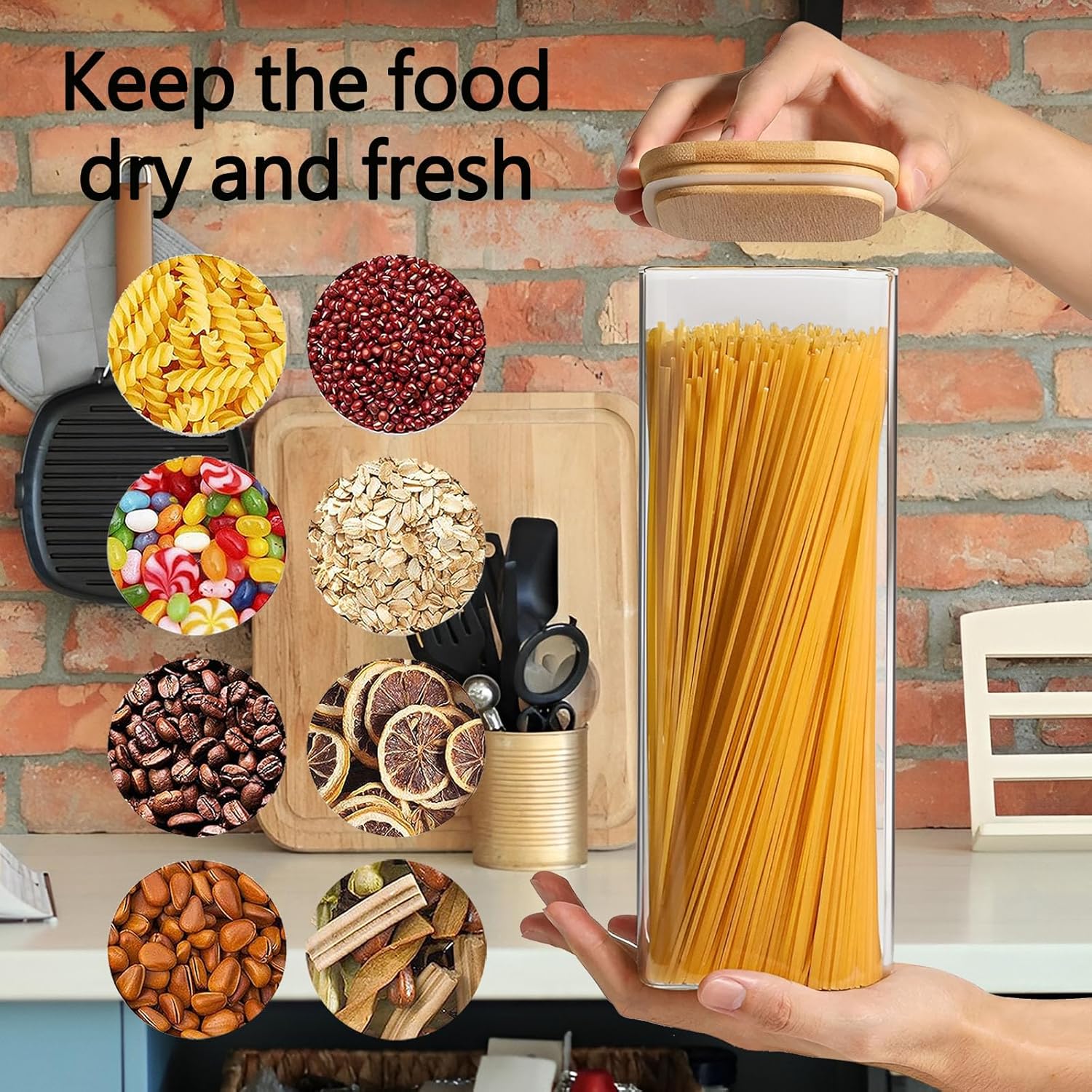 2.2 Qt Square Glass Storage Containers with Lids, Clear Food Storage Container Jar with Sealing Bamboo Lid Storage Containers for Pasta, Oats, Coffee, Flour, Sugar (Square -3Pack)