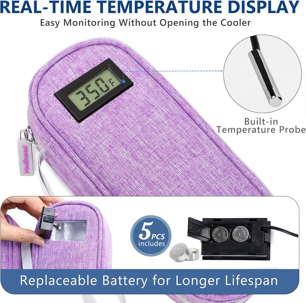 Insulin Cooler Travel Case TSA Approved with Temperature Display – Diabetic Medication Travel Case with 2 × 90g Ice Packs, Portable Medicine Organizer for 3–4 Insulin Pens and Diabetic Supplie(Purple)