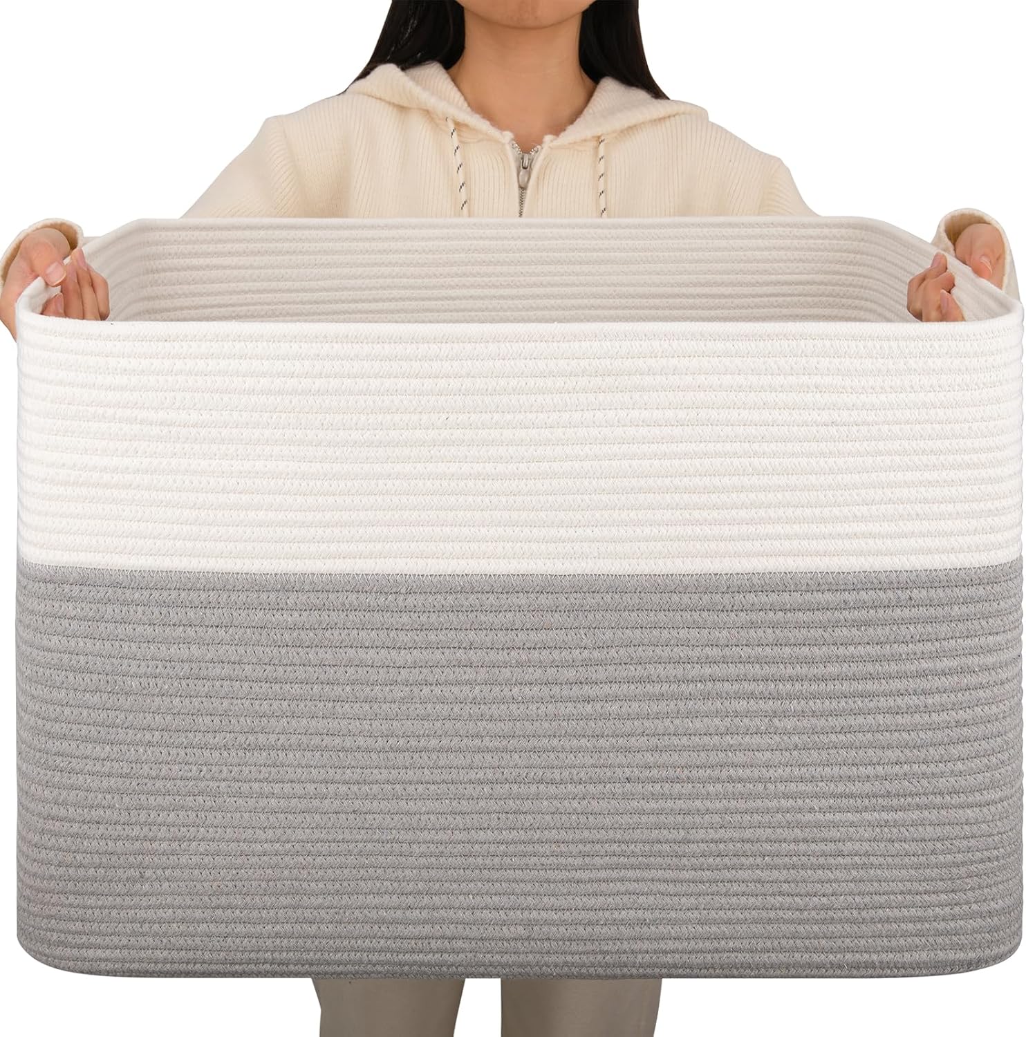 OIAHOMY 108L Extra Large Blanket Basket, 25”x16”x16” Laundry Basket, Blanket Storage for Living Room, Dog Toy Storage with Handle - Grey & White