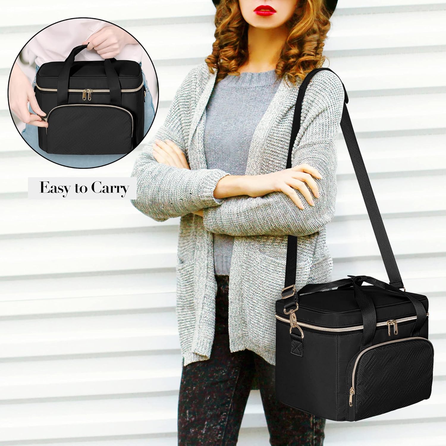 Travel Makeup Bag with 2 Pouches and Adjustable Dividers, Large Cosmetic Case Make up Organizer for Women Fits Bottles Vertically, Black (Patented Design)