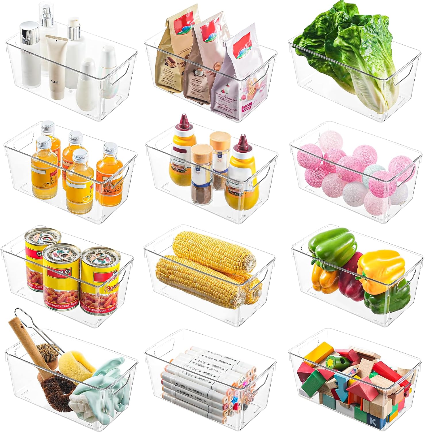 12 Pack Clear Plastic Storage Bins, Acrylic Pantry Organizer and Storage Bins, Fridge Organizer, Small Plastic Containers with Handles, CabinetOrganizer for Shelves,Snack,Refrigerator, Arts and Crafts