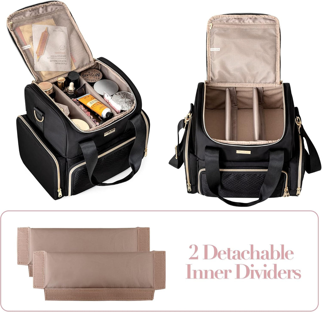 Large Cosmetic Bag with 3 Removable Case, Double Layer Travel Organizer with Inner Dividers and Makeup Brushes Storage Section, Black (Patented Design)