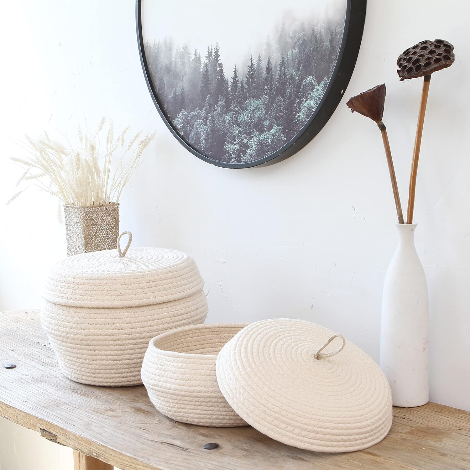 Sea Team Round Cotton Rope Storage Basket with Lid, Decorative Woven Storage Bin, Pot, Caddy, Organizer, Container for Snacks, Towels, Plants, 13 x 5.5 Inches (Large, Shallow, Cream)