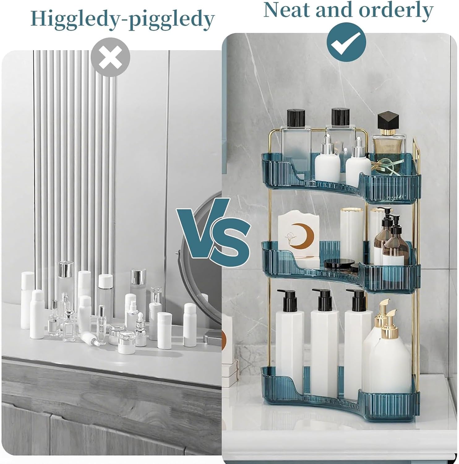 Corner Bathroom Countertop Organizer, Vanity Organizer Trays for Counter, Makeup Organizers, Perfume Tray, Skincare Shelf Storage Gifts for Women Girl Student (Blue, 3 Tiers)