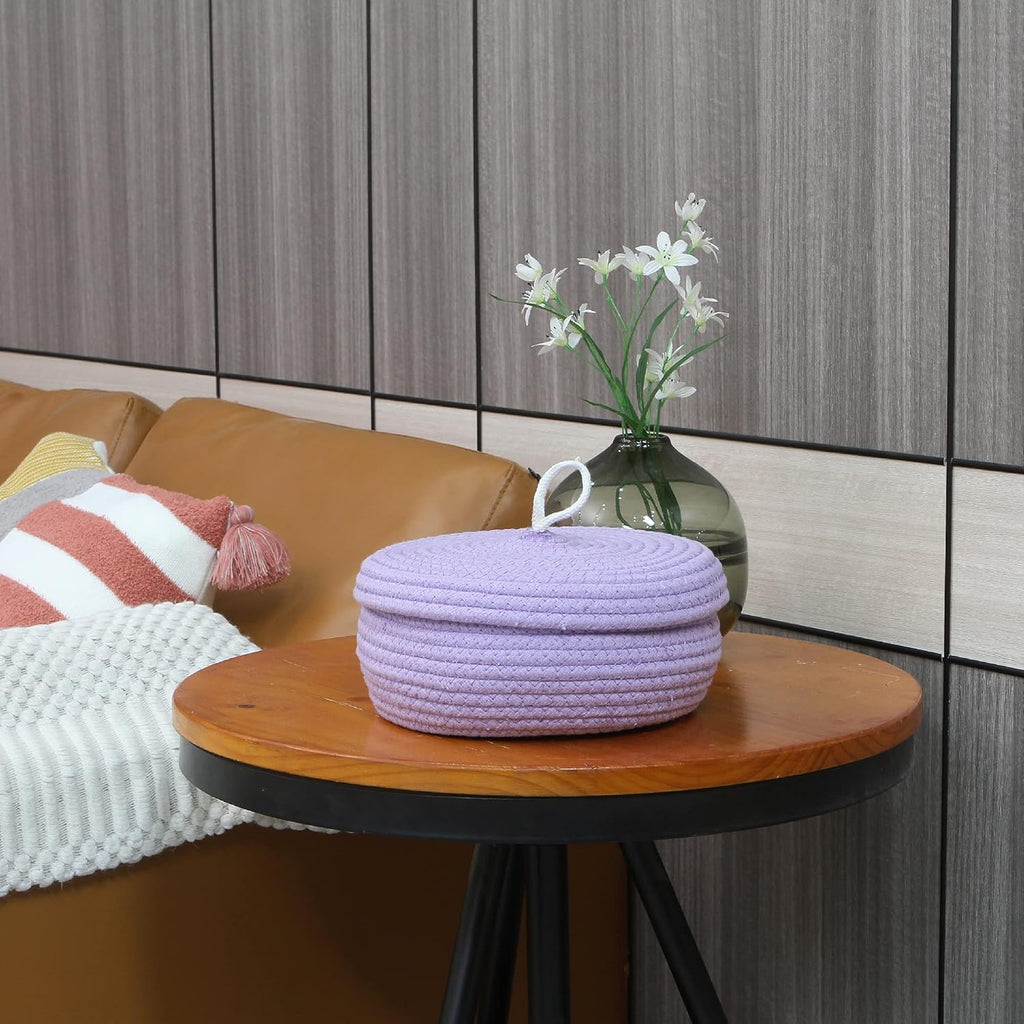 Sea Team Round Cotton Rope Storage Basket with Lid, Decorative Woven Storage Bin, Pot, Caddy, Organizer, Container for Snacks, Towels, Plants, 10 x 4.5 Inches (Small, Shallow, Lavender)