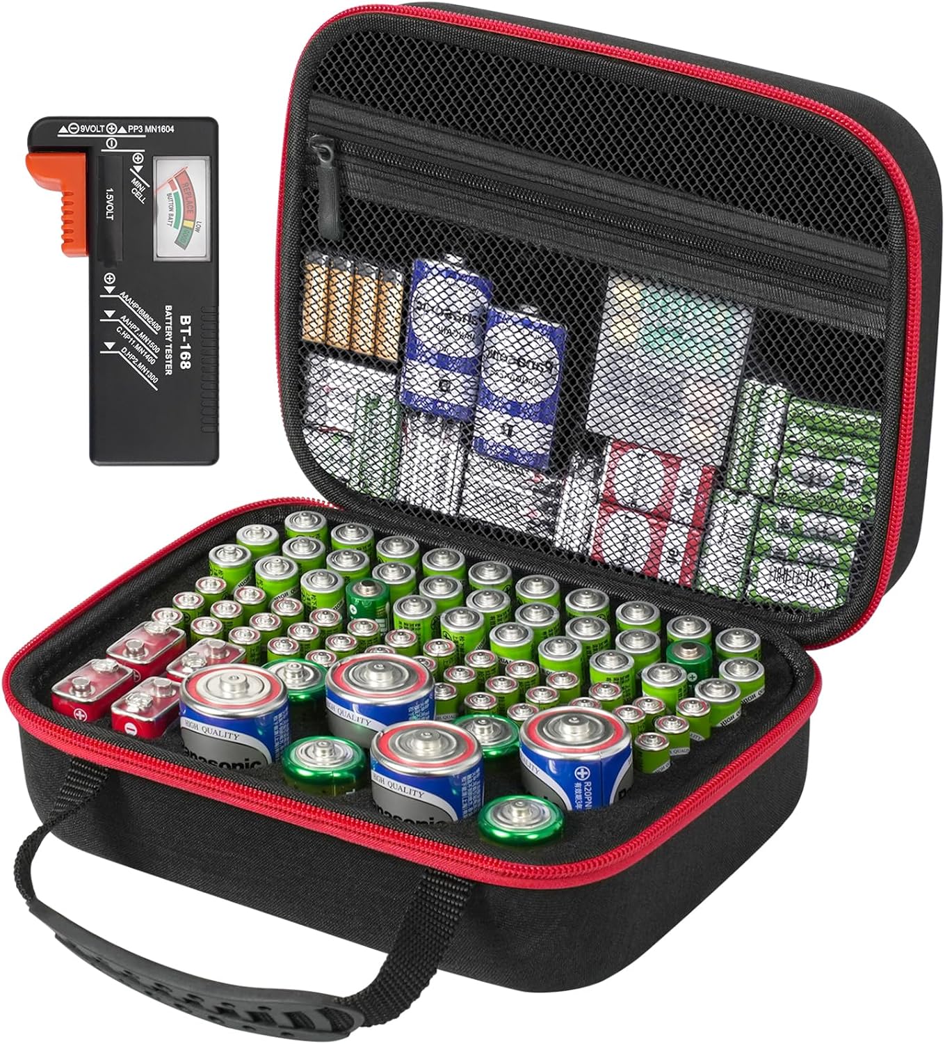 Battery Organizer Storage Case, Large Waterproof Carrying Bag Containers Box Holder Holds 83+ Batteries AA AAA C D 9V 3V - with Battery Tester BT-168, Black&Red (Case Only)