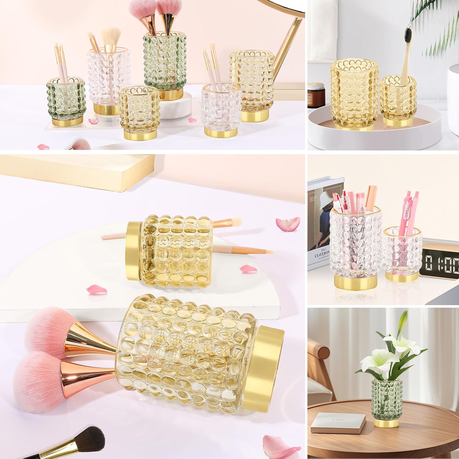 DASITON Makeup Brush Holder Organizer, Crystal Cosmetic Make Up Brush Holder, Glass Makeup Brushes Storage Organizer, Vintage Make Up Cup Desk Pen Pencil Holder, Toothbrush Holders (Yellow S+L)