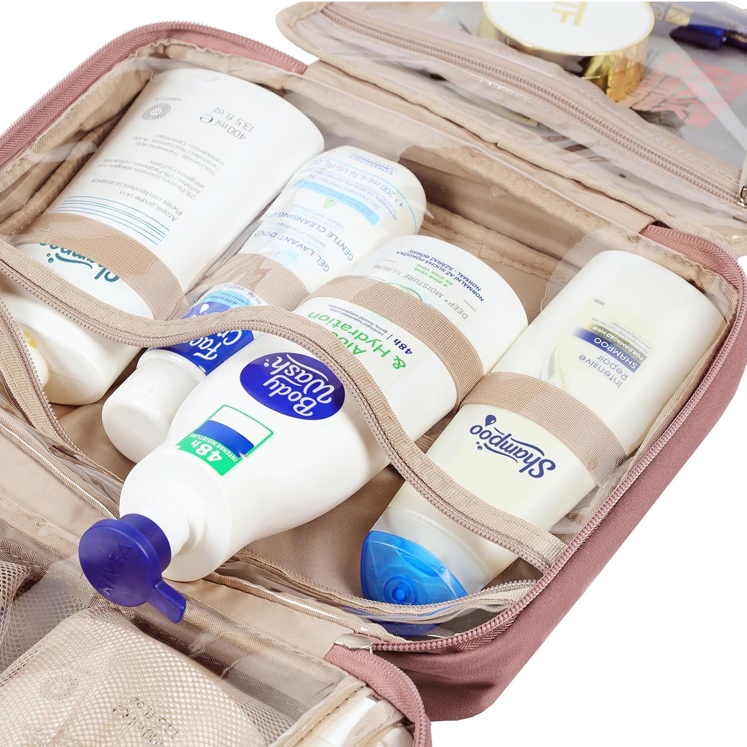 NISHEL Travel Toiletry Bag for Women, Makeup Essentials Organizer, Hanging Case for Accessories, Cosmetics, Large Size, Rosewood-Pink