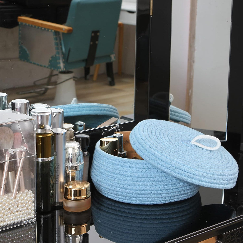 Sea Team Round Cotton Rope Storage Basket with Lid, Decorative Woven Storage Bin, Pot, Caddy, Organizer, Container for Snacks, Towels, Plants, 10 x 4.5 Inches (Small, Shallow, Blue)