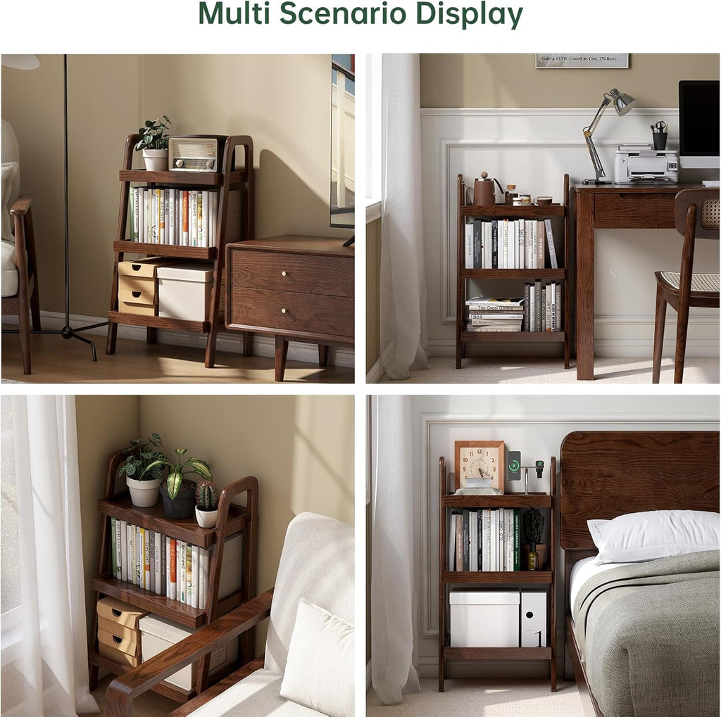 100% Solid Oak 3 Tier Ladder Shelf, Small Bookshelf, Ladder Bookshelf, Bookcase with Stable Frame, Small Table for Living Room Bedroom(Walnut, 12.6" L x 17.72" W x 31.5" H)