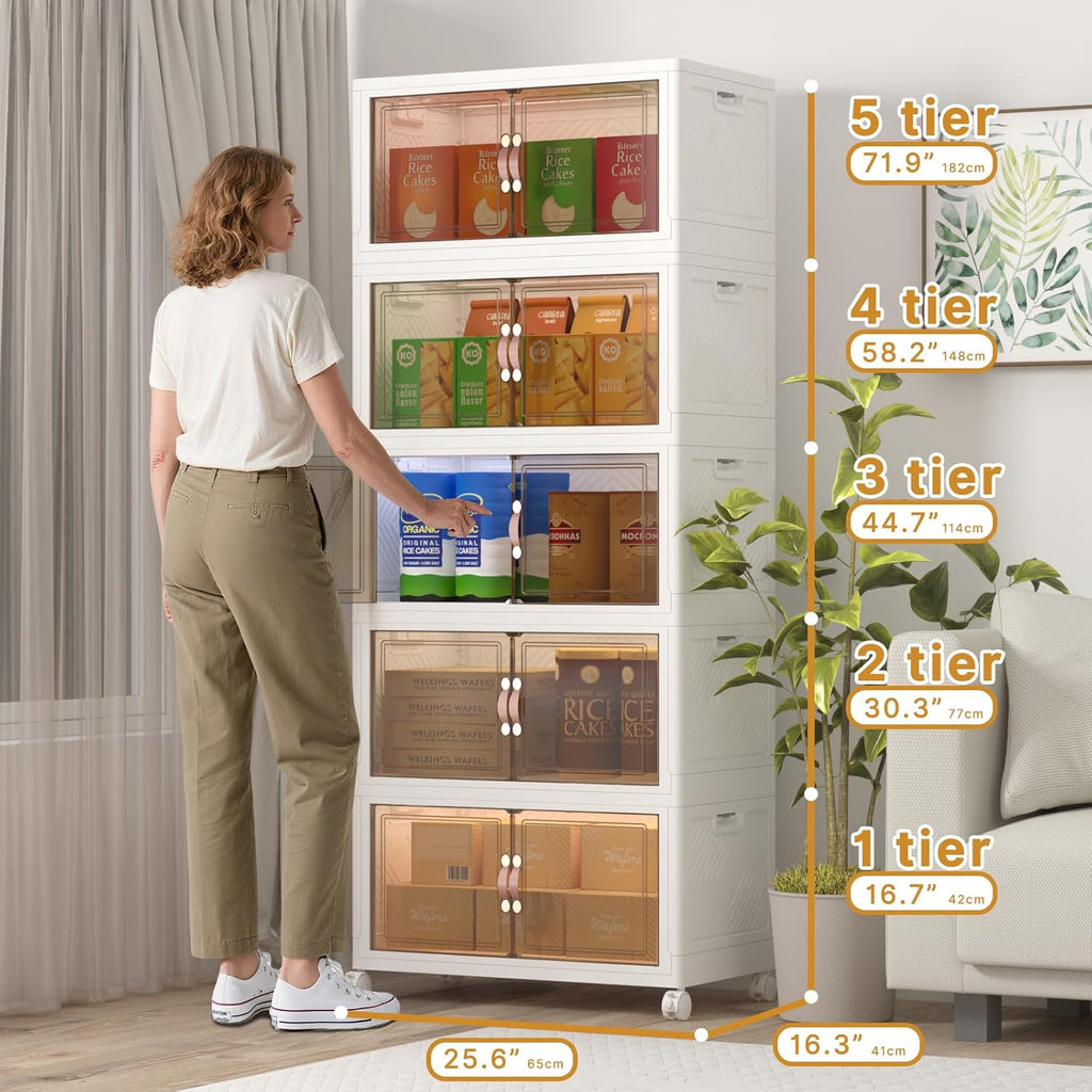 Extra Large Stackable Storage Bins with Lids & Wheels, Foldable Collapsible Closet Organizers Storage Cabinet with Doors for Bedroom Dorm (White, 600QT-120QT/30GAL*5Pack)