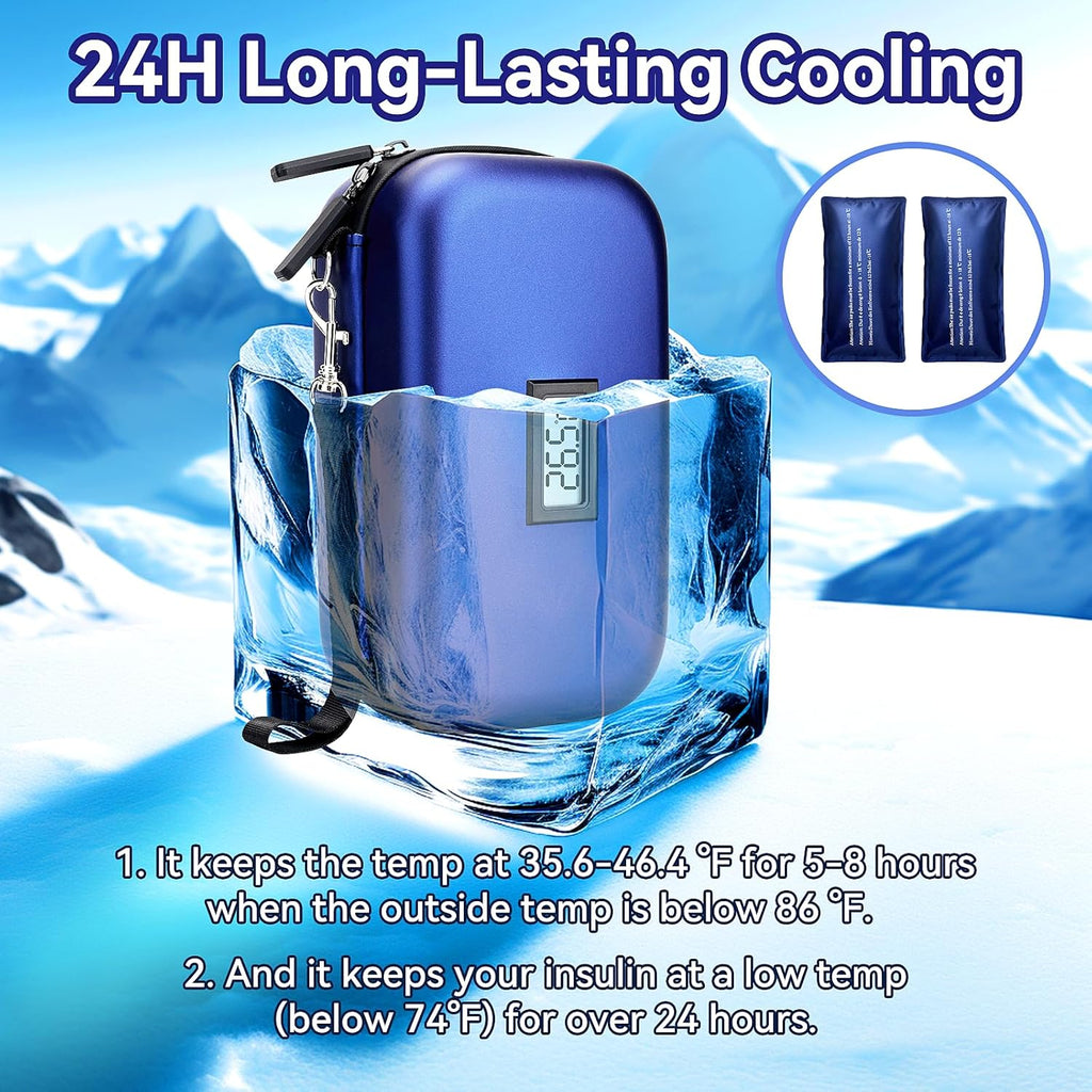 Insulin Cooler Travel Case, TSA Approved Medication Diabetic Cooler Organizer Bag with Thermometer Temperature Display 2 Ice Packs, Blue