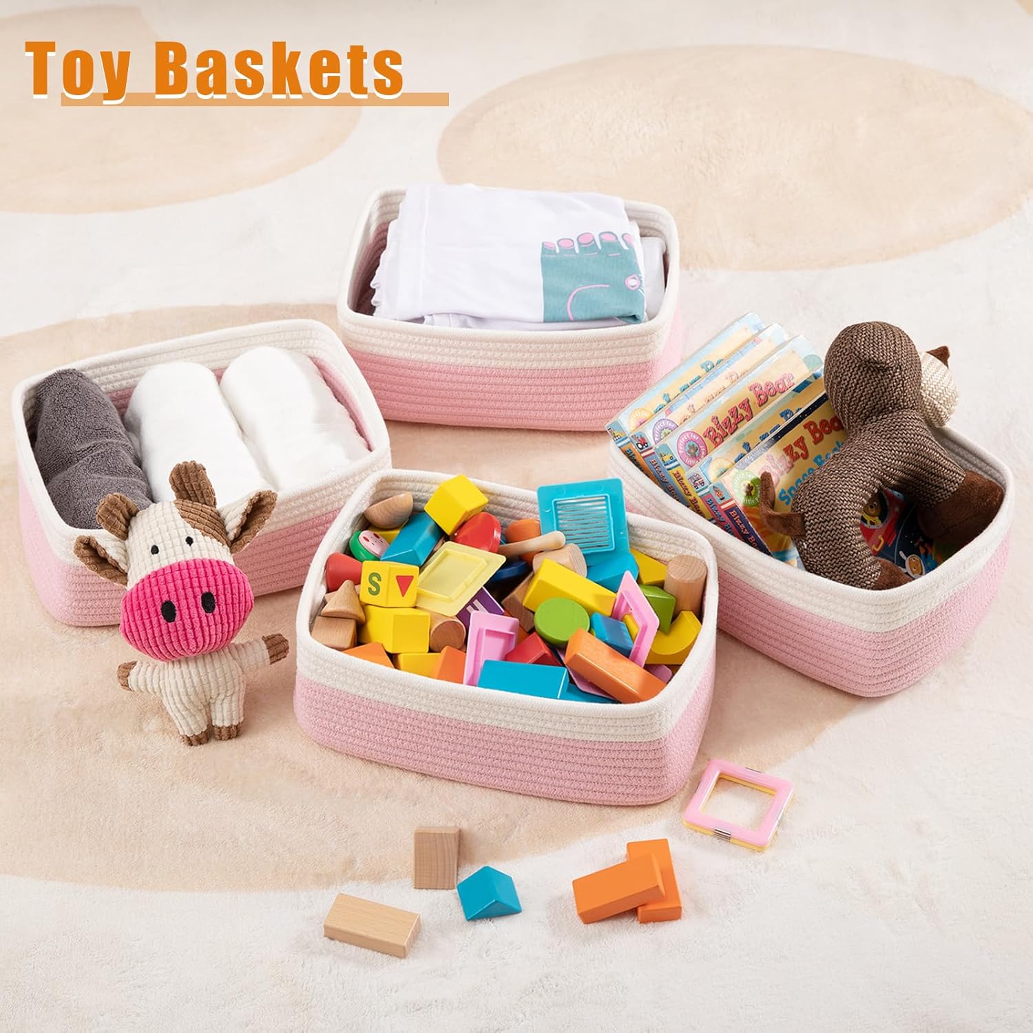 OIAHOMY 4 Pack Storage Baskets for Organizing, Small Bins for Shelves, Cute Decorative Storage Bins, Organizer Baskets for Gifts Empty, 13.8''Lx9.8''Wx5.5''H, Pink/White