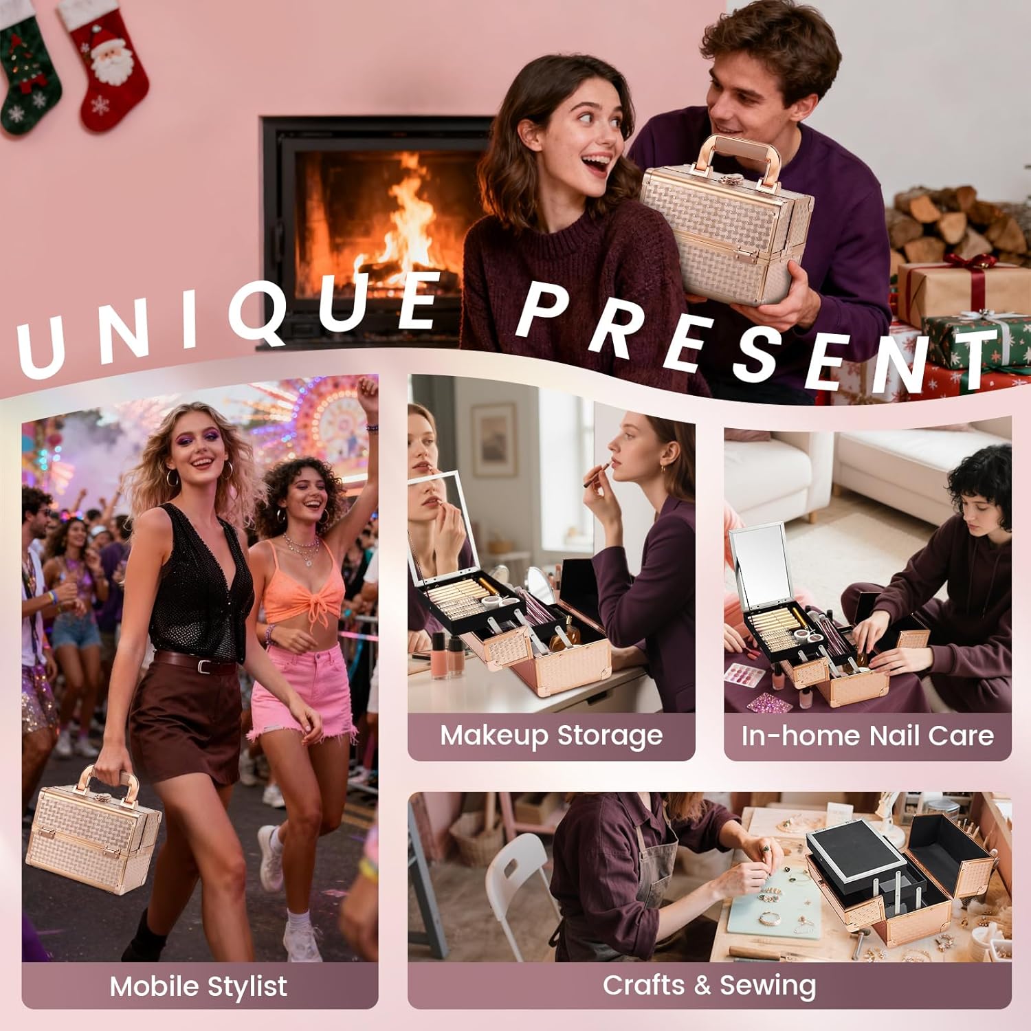 Joligrace Beauty Makeup Train Case for Lady Portable Cosmetic Box Jewelry Organizer Lockable with Keys and Mirror 2-Tier Trays Carrying with Handle Makeup Storage Box - Rose Gold