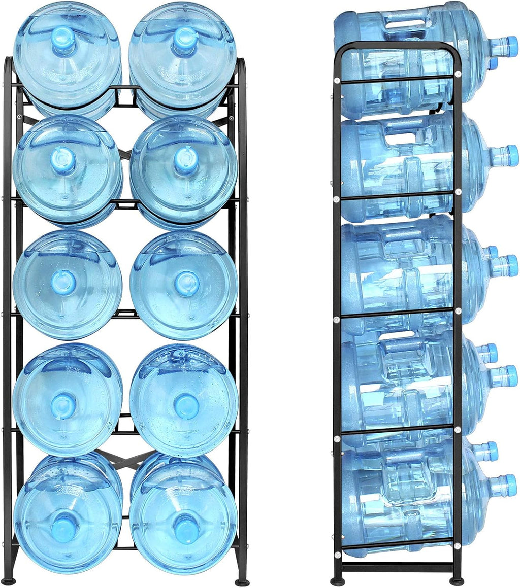 5 Gallon Water Bottle Holder for 10 Bottles, 5 Tiers Heavy-Duty Water Cooler Jug Rack with Reinforcement Frame for Kitchen Office, Black