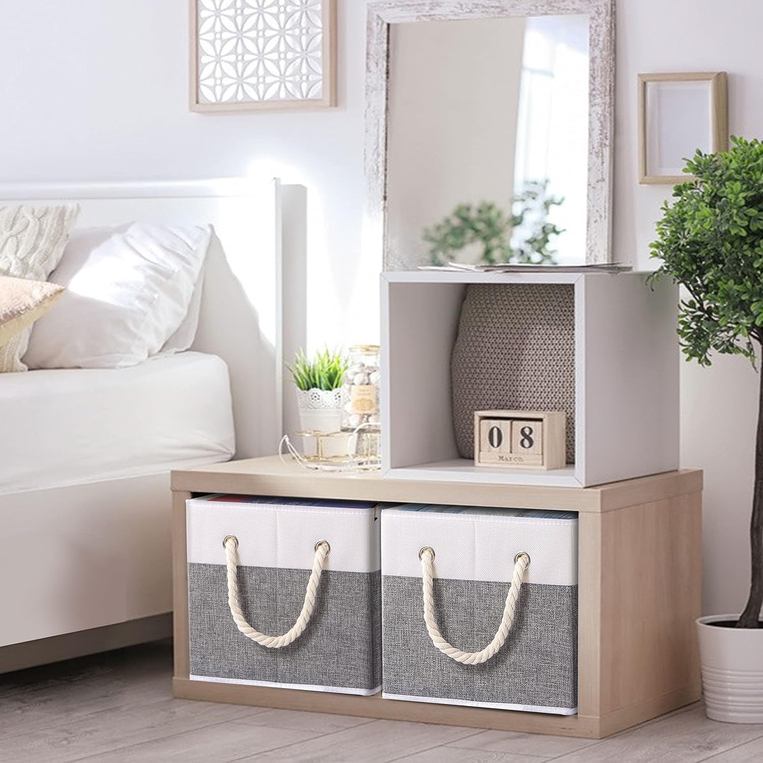 Yawinhe Collapsible Storage Bins 3-Pack, Large Fabric Baskets with Rope Handle, Organizers for Shelves, Closets, Clothes, 16.53''Lx11.81''Wx10.23''H, White/Grey