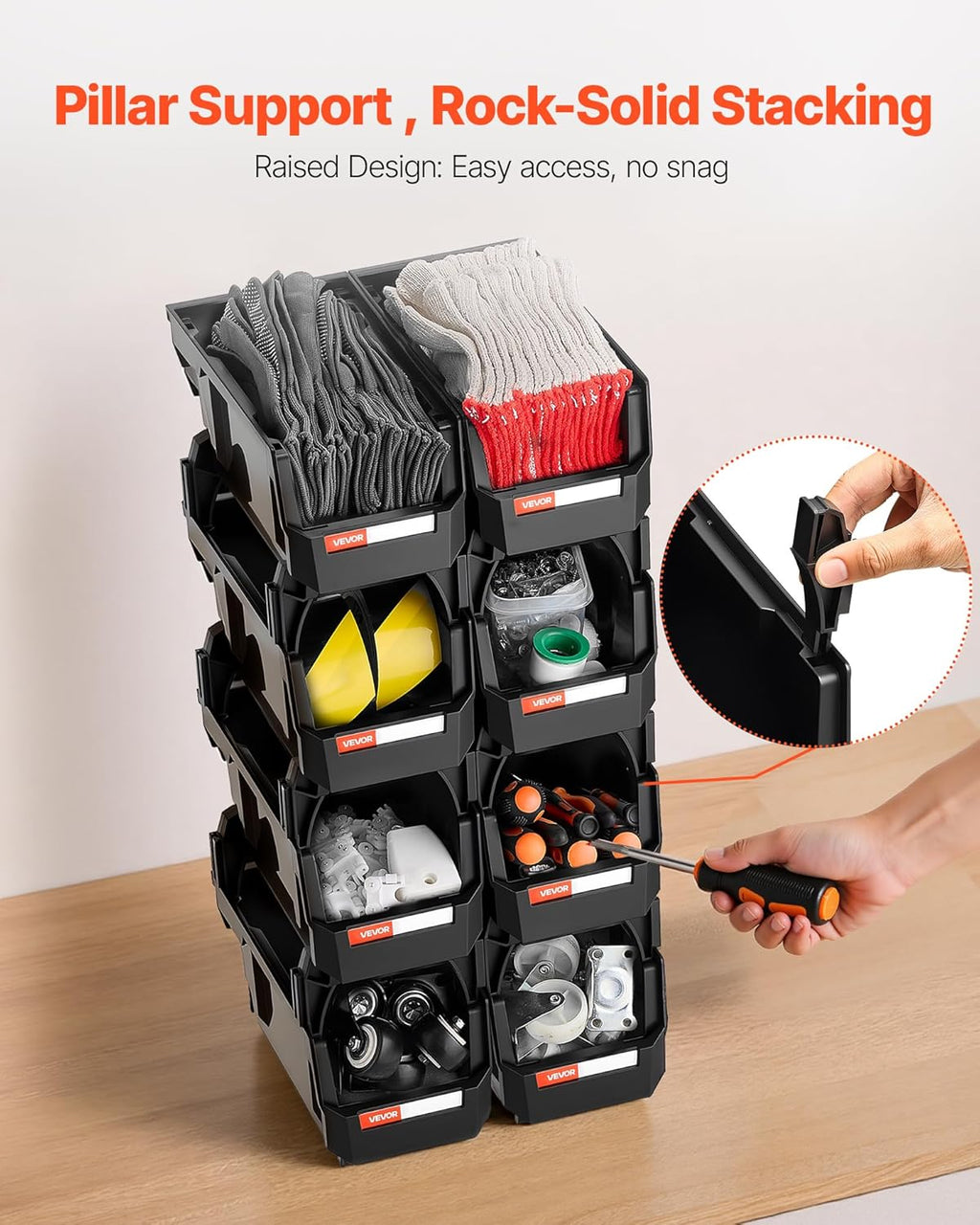 VEVOR Plastic Stackable Storage Bins, 10.9 x 5.5 x 5.1 inch (8 Pack), Plastic Containers for Organizing and Storage Bins for Closet, Garage, Small Parts, Office Supplies and Other Accessories, Black