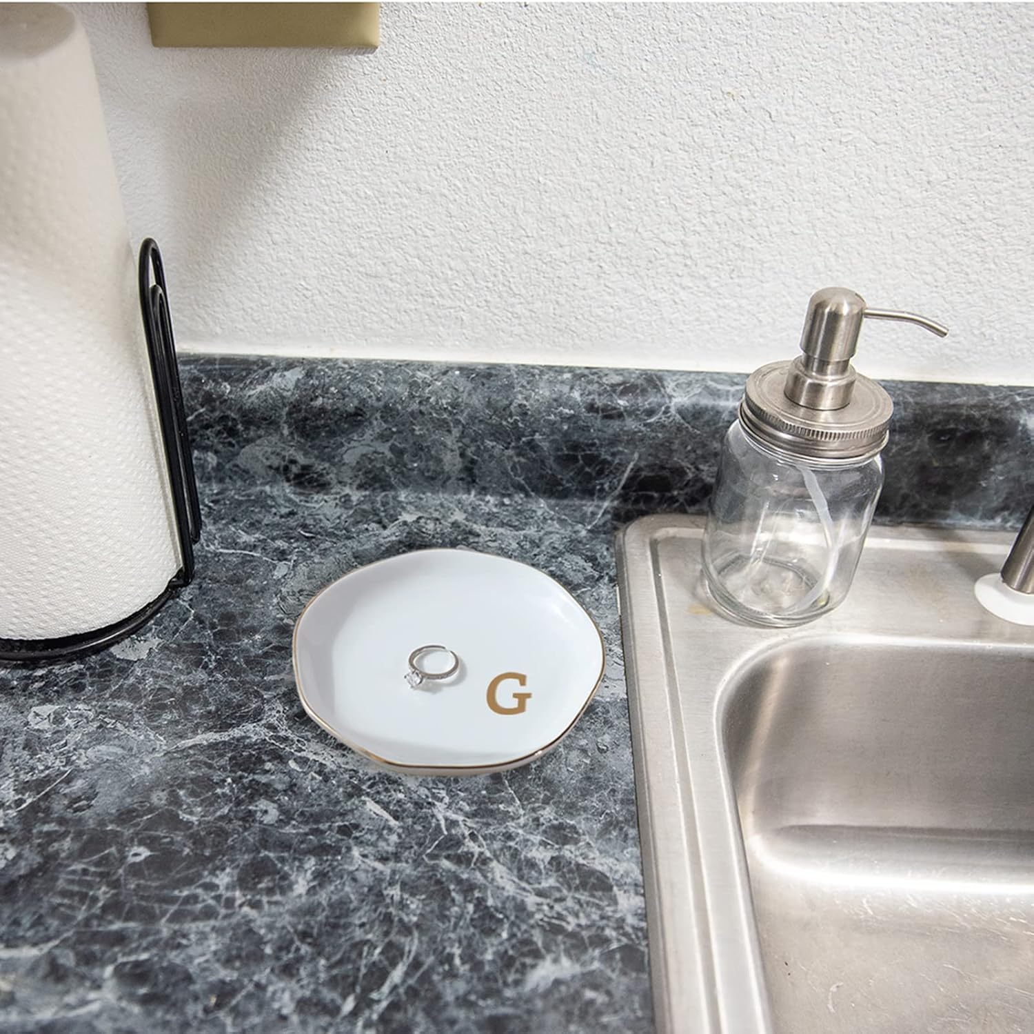 Initials Ring Dish Jewery Tray with Personalized G-Monogrammed Gifts Wedding Engagement for Women Friends sister,Ceramic White