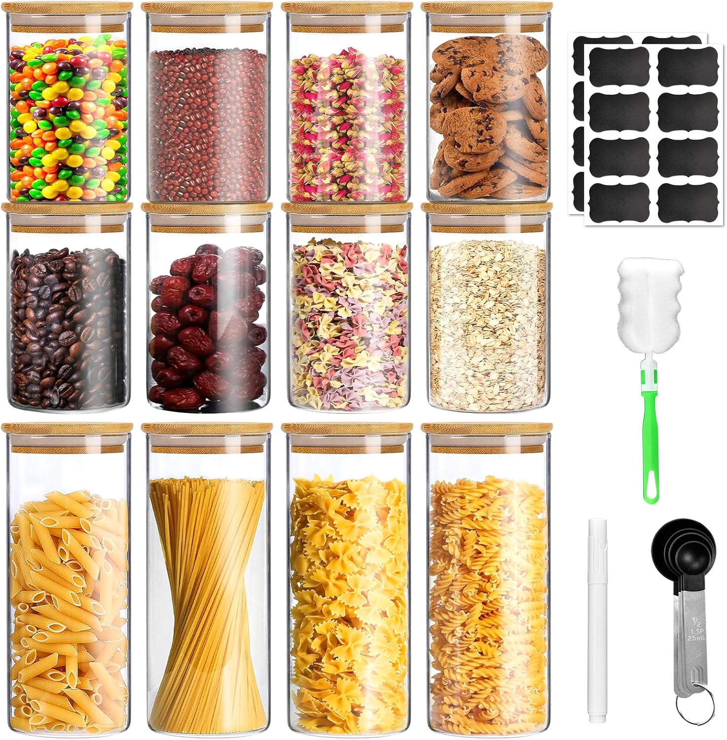 Glass Jars with Bamboo Lids Set of 12,Glass Storage Containers with Airtight Lids Storage Jars Food Storage Containers for Pasta,Flour,Cereal,Sugar,Cookie