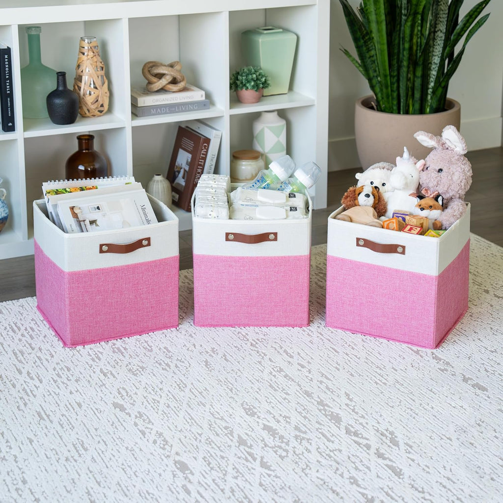 OrganiHaus 12" x 12" x 12" Fabric Cube Storage Bins - Set of 4, Cube Fabric Organizer Bins with Vegan Handles, Kallax Storage Cubes, 12 Inch Cubic Baskets for Shelves - Pink/White