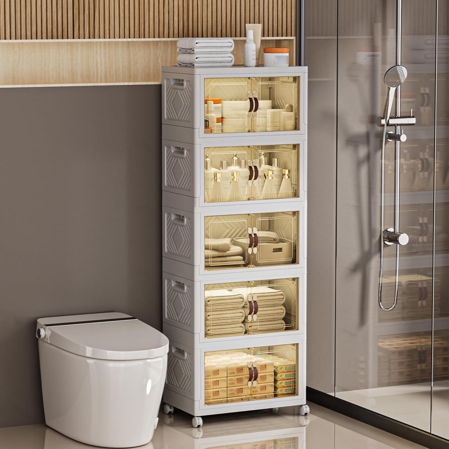 332 QT / 83 Gal White Storage Bins with 1 Lid - Collapsible Stackable Cabinet Organizer w/Wheels & Magnetic Doors, Plastic Storage Box for Office Closet Organization