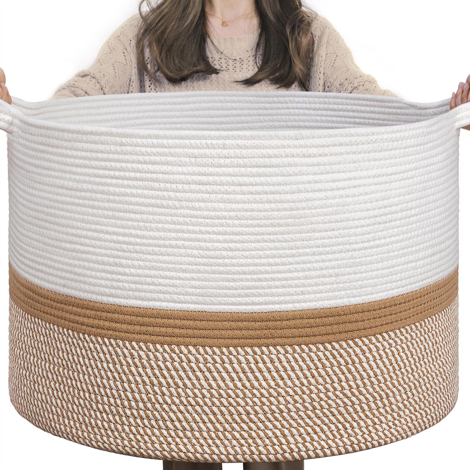 INDRESSME XXXLarge Cotton Rope Basket 21.7" x 21.7" x 13.8" Woven Baby laundry Blanket Basket for Home Decor Living Room Nursery, Toy Storage Baskets for Kids Boys Girls, White & Camel Mix