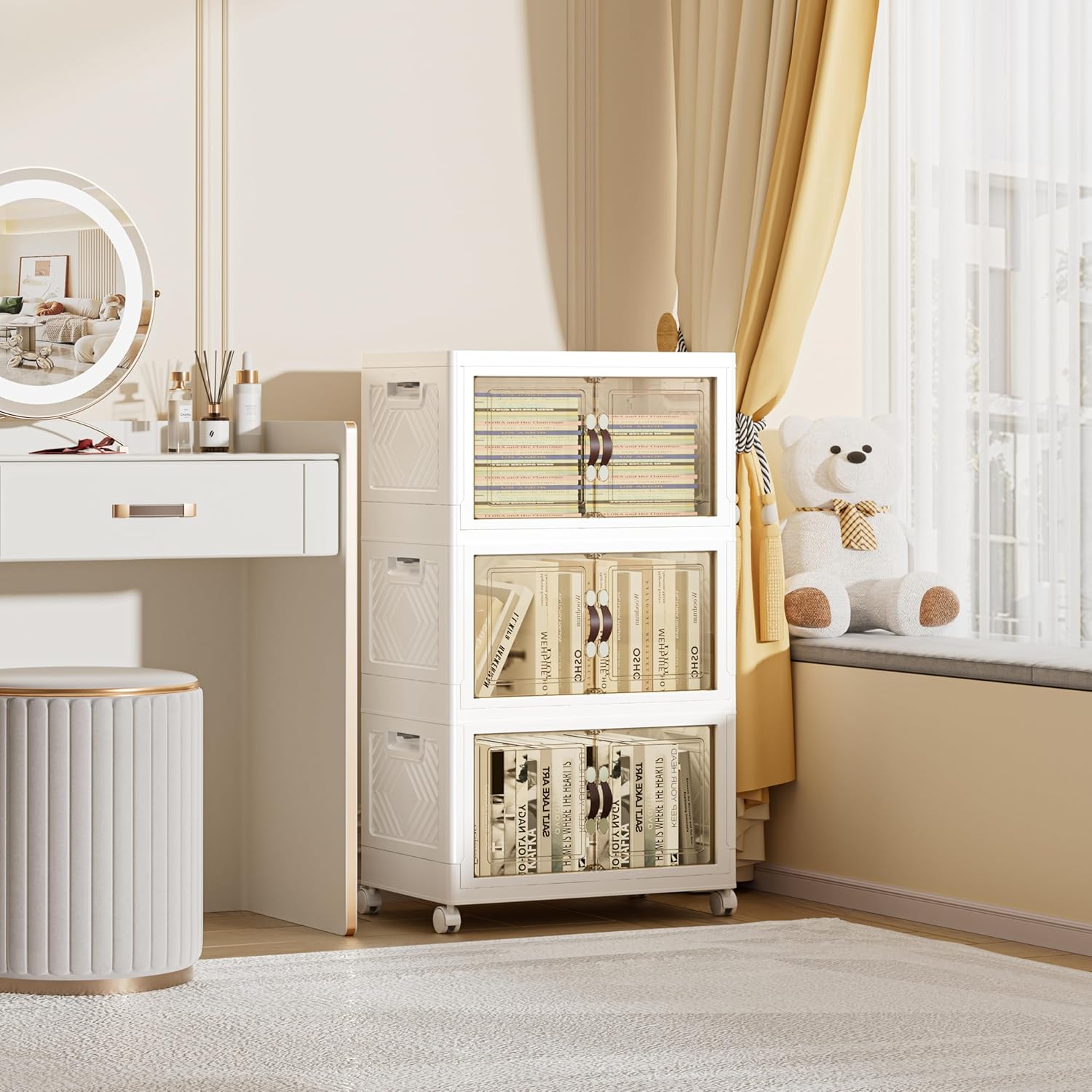 148 QT / 37 Gal Rolling Foldable Storage Cabinet with Stackable Feature - Double Magnetic Doors, Leather Handles, Durable Plastic for Closet/Office, Easy Assembly & Move