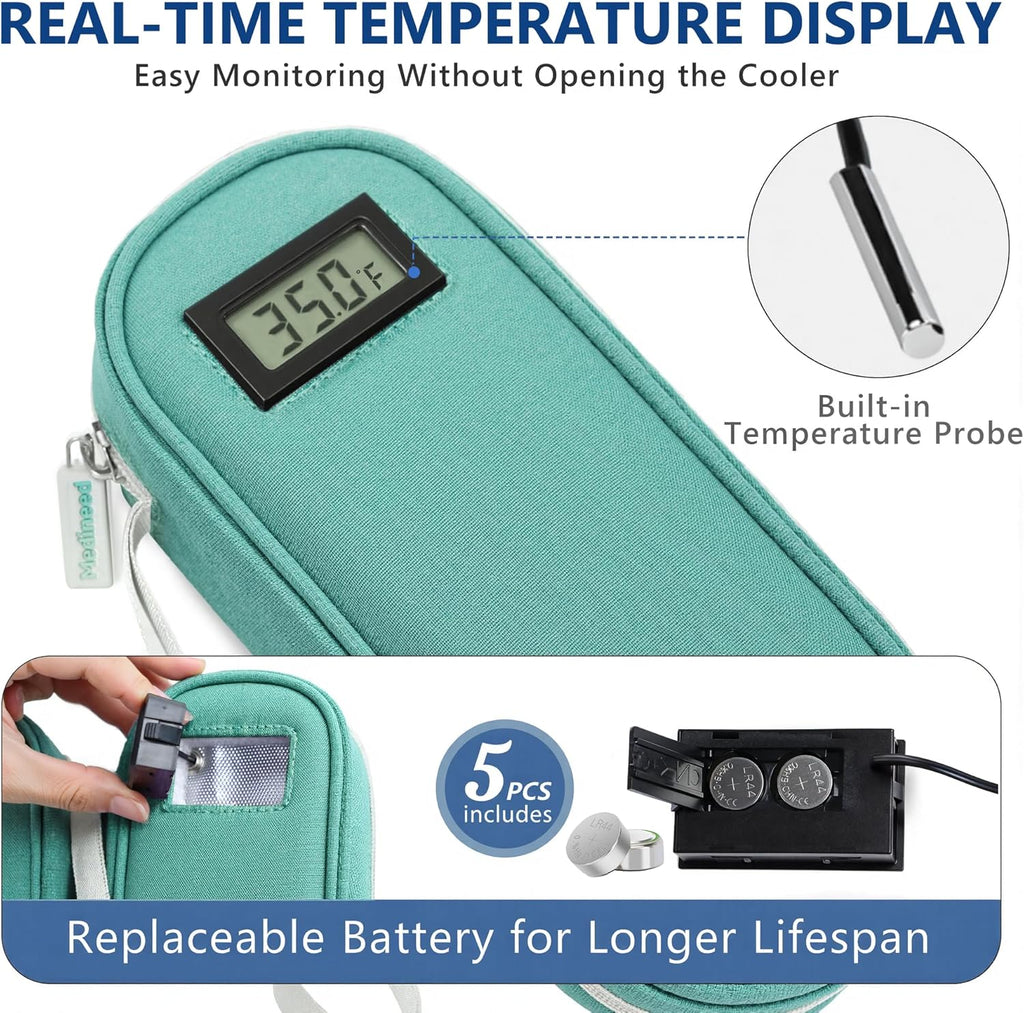Insulin Cooler Travel Case TSA Approved with Temperature Display – Diabetic Medication Travel Case with 2 × 90g Ice Packs, Portable Medicine Organizer for 3–4 Insulin Pens and Diabetic Supplies(Green)