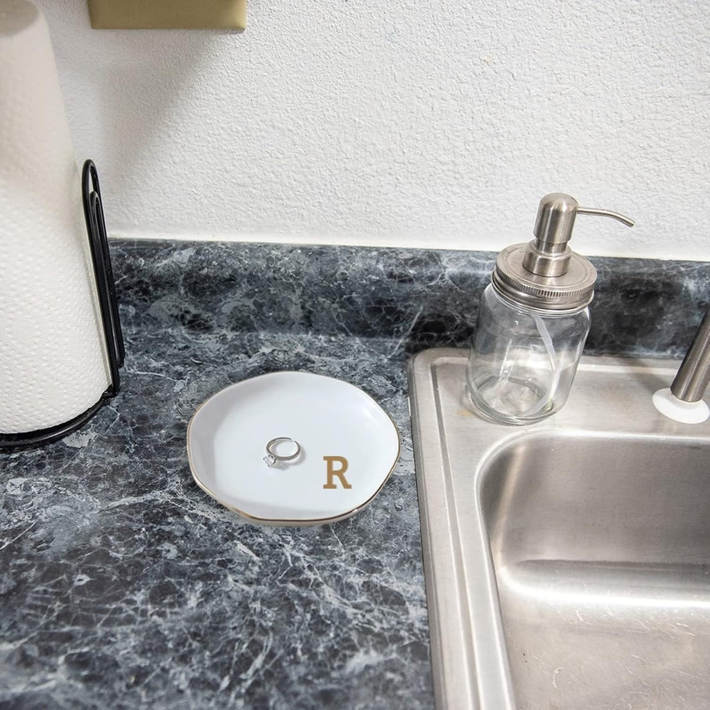 Initials Ring Dish Jewery Tray with Personalized R-Monogrammed Gifts Wedding Engagement for Women Friends Sister,Ceramic White