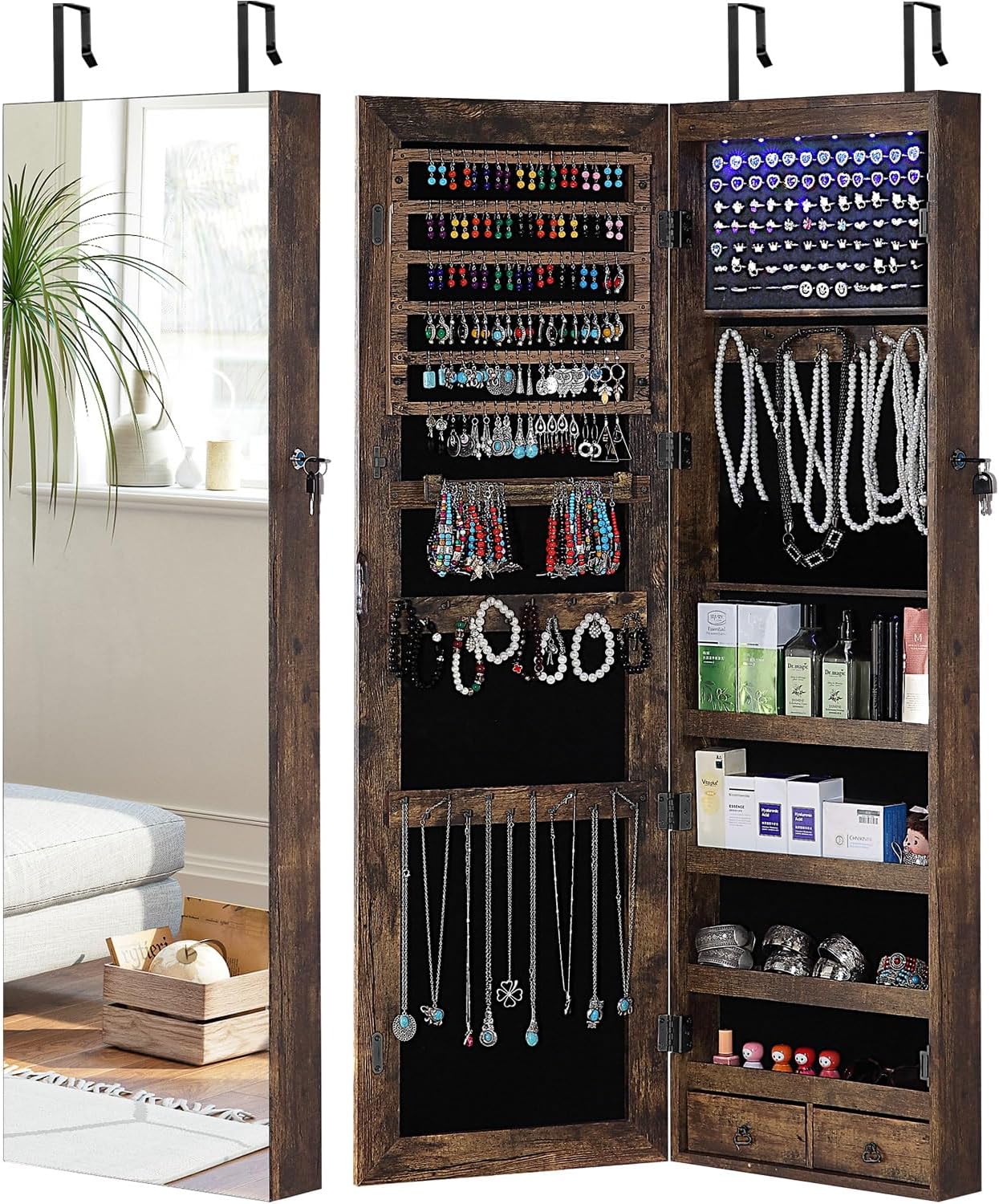 GISSAR Full Length Mirror Jewelry Cabinet, 6 LEDs Jewelry Armoire Wall Mounted Over The Door Hanging, Jewelry Organizer Storage with Lights Lockable, Vintage Brown, 14.6" x 47.2"