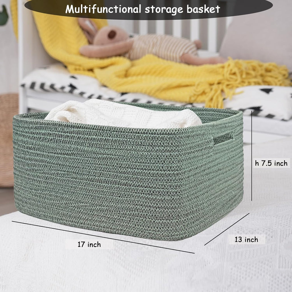 COMFY-HOMI 2 pcs Large Storage Baskets for Shelves, Laundry Basket, Woven Rope Basket, Closet Organizer Bins for Clothes Blanket Towels, Baby Nursery, Gift Toy Baskets, 17” x 13” x 7.5”-Green