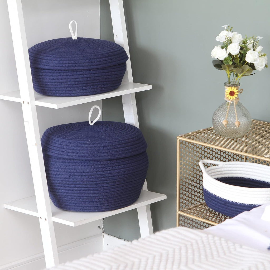 Sea Team Round Cotton Rope Storage Basket with Lid, Decorative Woven Storage Bin, Pot, Caddy, Organizer, Container for Snacks, Towels, Plants, 13 x 5.5 Inches (Large, Shallow, Dark Blue)