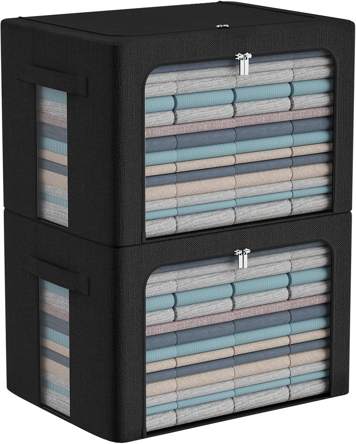 CYhom Extra Large Clothes Storage Bins Box - Linen Fabric Foldable Stackable Container Organizer Set with Clear Window & Carry Handles & Metal Frame (Black, Extra Large-100L)