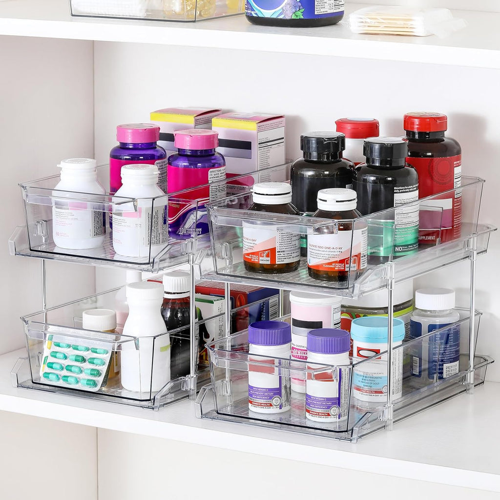 2 Tier Clear Organizer with Dividers for Cabinet, Shlef, Counter - MultiUse Slide-Out Storage Container - Kitchen, Pantry, Medicine Cupboard Bins, Bathroom, Vanity Makeup, Under Sink Organizing