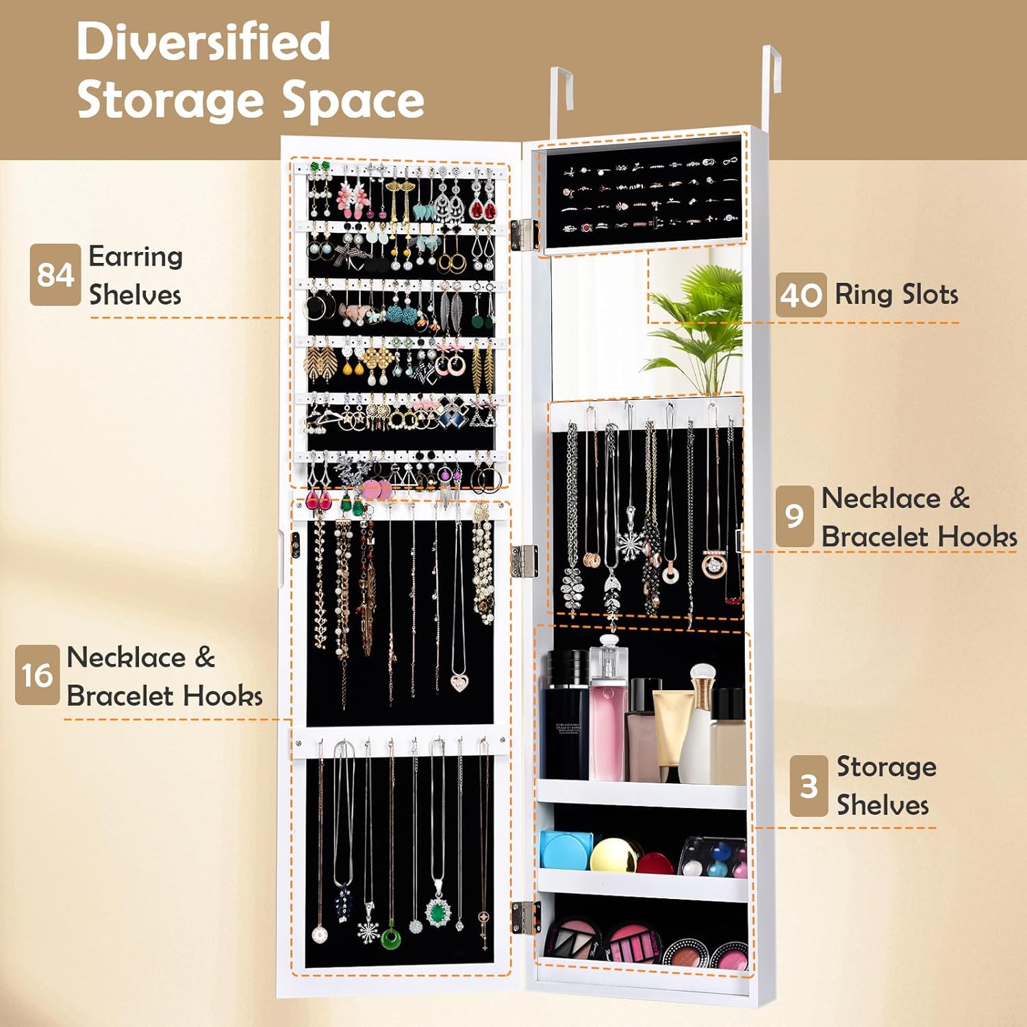 HAPPYGRILL Wall Mounted Jewelry Cabinet with Full Length Mirror, Over The Door Jewelry Organizer w/Built-in Makeup Mirror, Storage Shelves, Door Mounted Jewelry Armoire for Women, Girls(White)