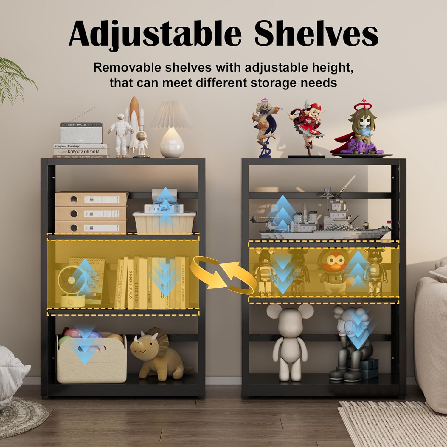 Industrial Bookshelf,3 Tier Bookcase,34" Black Metal Small Bookshelf with Adjustable Feet and Adjustable Shelves,Home Office Bookcase Shelf Storage Organizer for Living Room Kitchen.