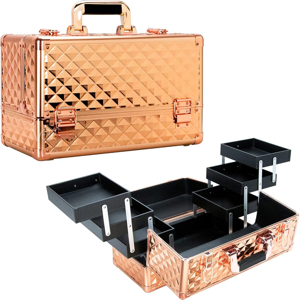 Ver Beauty Makeup Organizer, Cosmetic Travel Kit, Makeup Artist Supplies, 6-Tier Lockable Storage Box, Makeup Train Case, Aluminium Case, Lightweight & Portable Beauty Vanity (Rose Gold Glitter)
