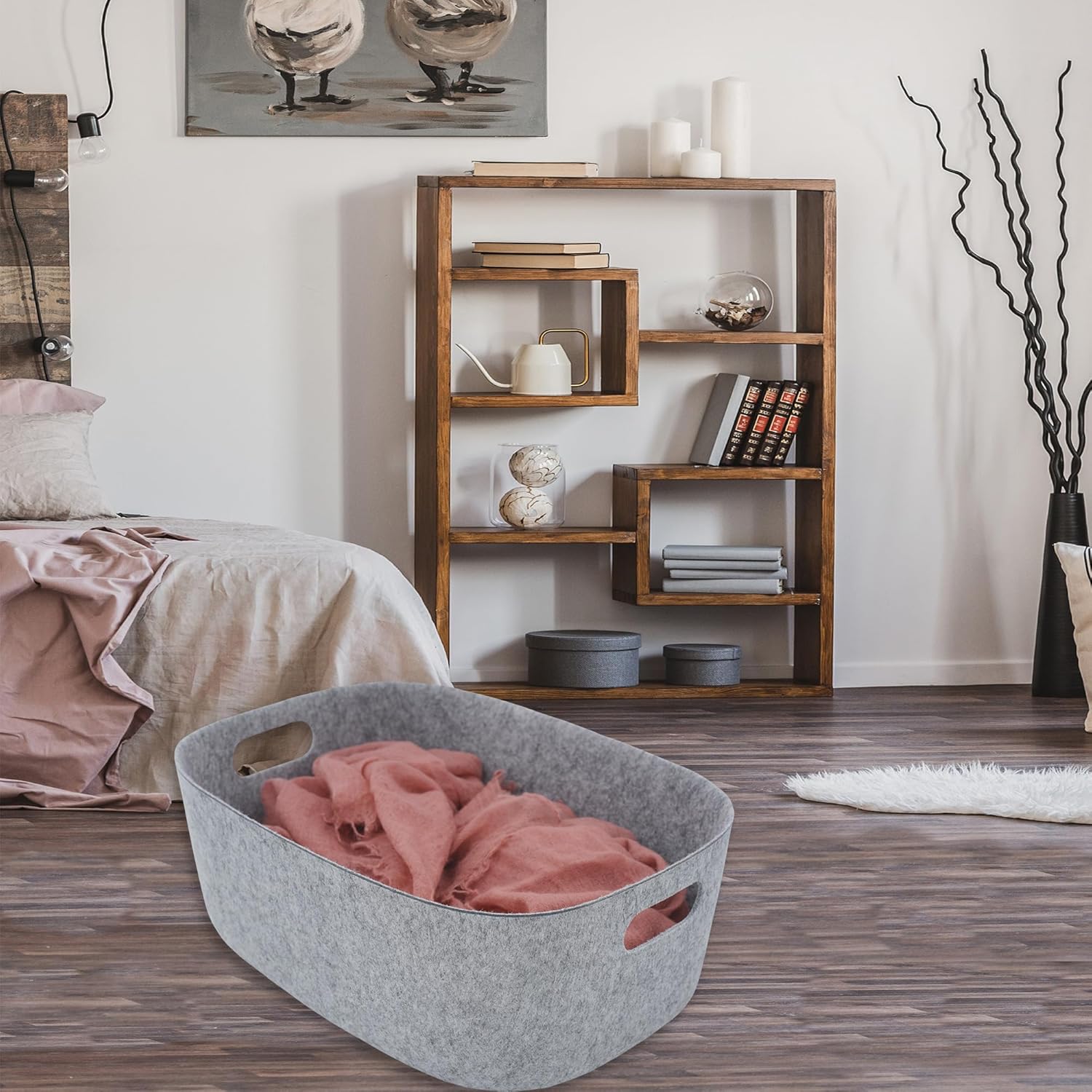 Welaxy Large Storage Basket Felt Open Desk Organize bin Shelf baskets with handles light weight carry for Magazines Books Junk Kids Toys Pet toy Clothes Laundry (Gray)