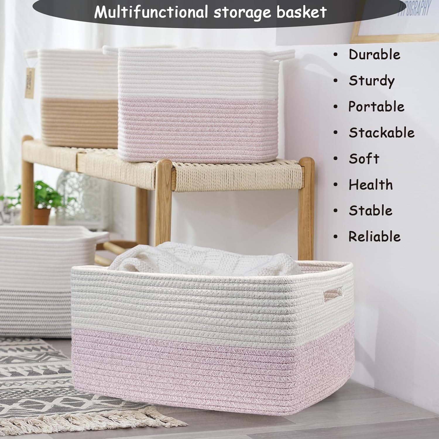 COMFY-HOMI 2 pcs Large Storage Baskets for Shelves, Laundry Basket, Woven Rope Basket, Closet Organizer Bins for Clothes Blanket Towels, Baby Nursery, Gift Toy Baskets, 17” x 13” x 7.5”-White/Pink