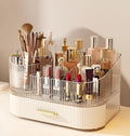 Makeup Organizer with Drawers and 360° Rotating Brush Holder, Large Capacity Cosmetic Storage for Vanity, Skincare, Perfume, Hair Accessories, Lipstick & Jewelry (Cream White, 2-layer)