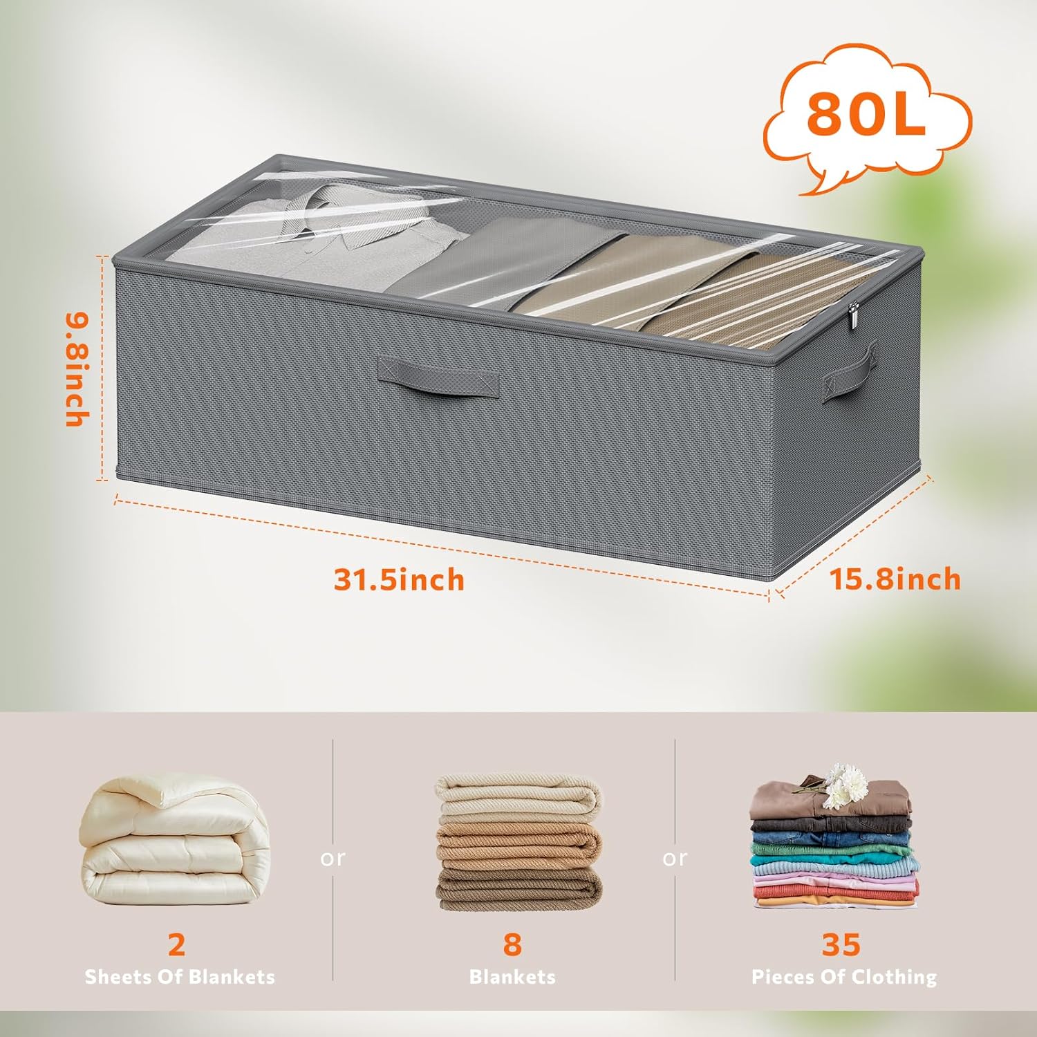 10 Inch 2 Pack Under Bed Storage Containers, 10 Inch Tall Underbed Clothes Storage Organizer Bin with Clear Window，Foldable Box Basket for Clothes, Closet, Bed Sheets and Blankets Gray